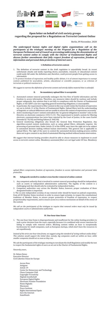 LibertiesEU's tweet photo. @LibertiesEU &amp; partners call on members of the #trialogue on #TerReg to protect #FreeSpeech &amp; #DataProtection. 

See details in THREAD/1 👇🏼   

#uploadfilters @EU2020DE https://t.co/rA2u22WDcj