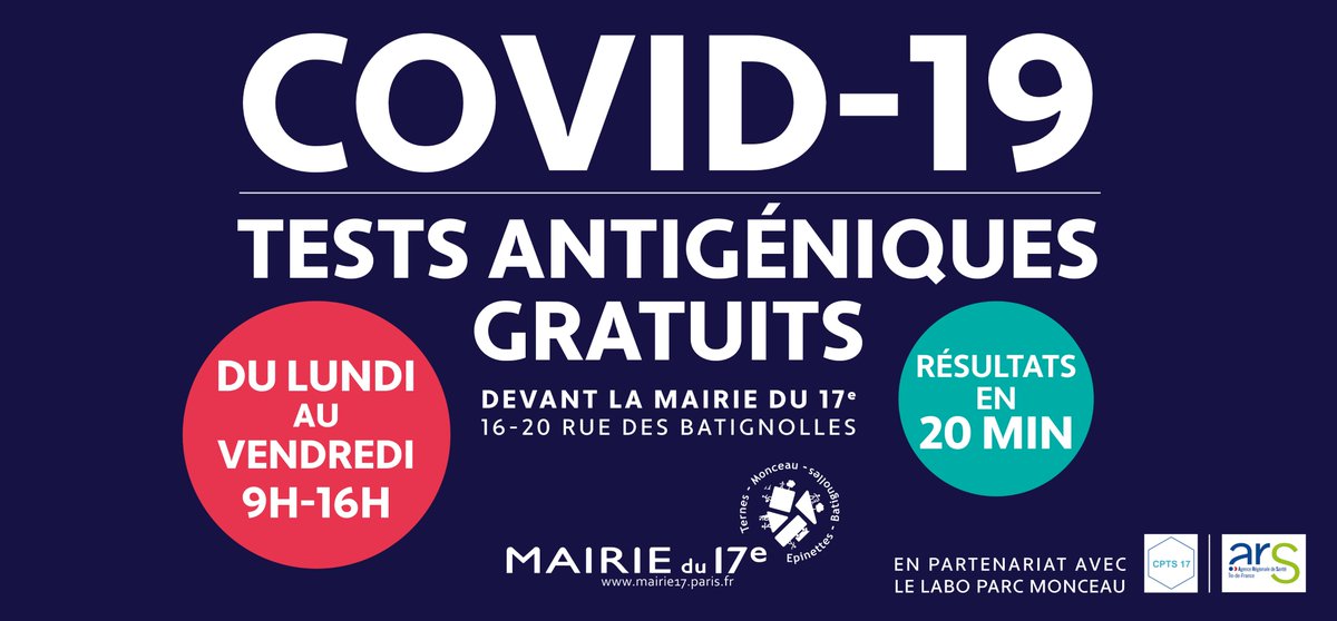Mairie17's tweet photo. ✅À partir de demain 9h, venez vous faire dépister gratuitement devant la @Mairie17 avec des tests antigéniques pour un résultat en seulement 20 min #paris17 #Covid19👉Du lundi au vendredi : 9h-16h 

En partenariat avec @Lelabo_paris Monceau @ARS_IDF @cpts_17 https://t.co/5FrKsDfd9j