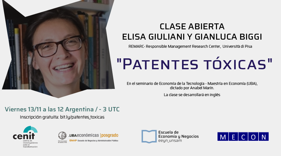 cenit_eeynunsam's tweet photo. El próximo viernes a las 12 de Argentina, @anabelmarin_ dialogará con @elisagiulianitw y @gianlucabiggi de #Remarc @unipisa sobre el impacto de las patentes en la innovación.
Inscripción gratuita en https://t.co/R65tsl3qYN.
La clase abierta se desarrollará en inglés. https://t.co/F3fbSp2qG5