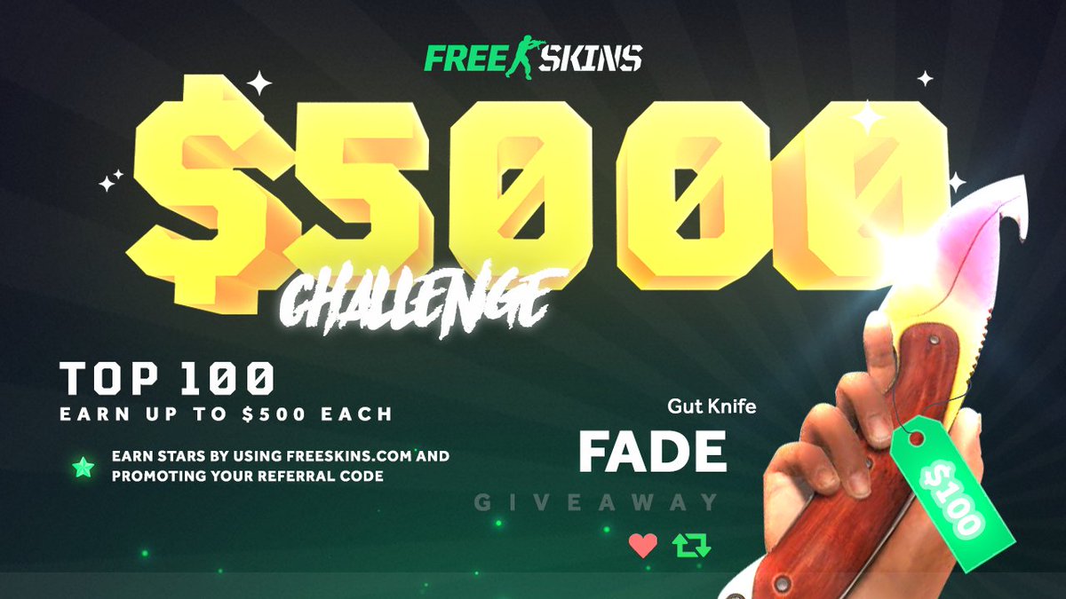 freecashcom's tweet image. Gut Knife Fade | Giveaway ($100.00)

Our $5000 Challenge has started - Top 100 users will win:
freeskins.com/challenge

- Retweet
- Follow us

Rolling in 7 days