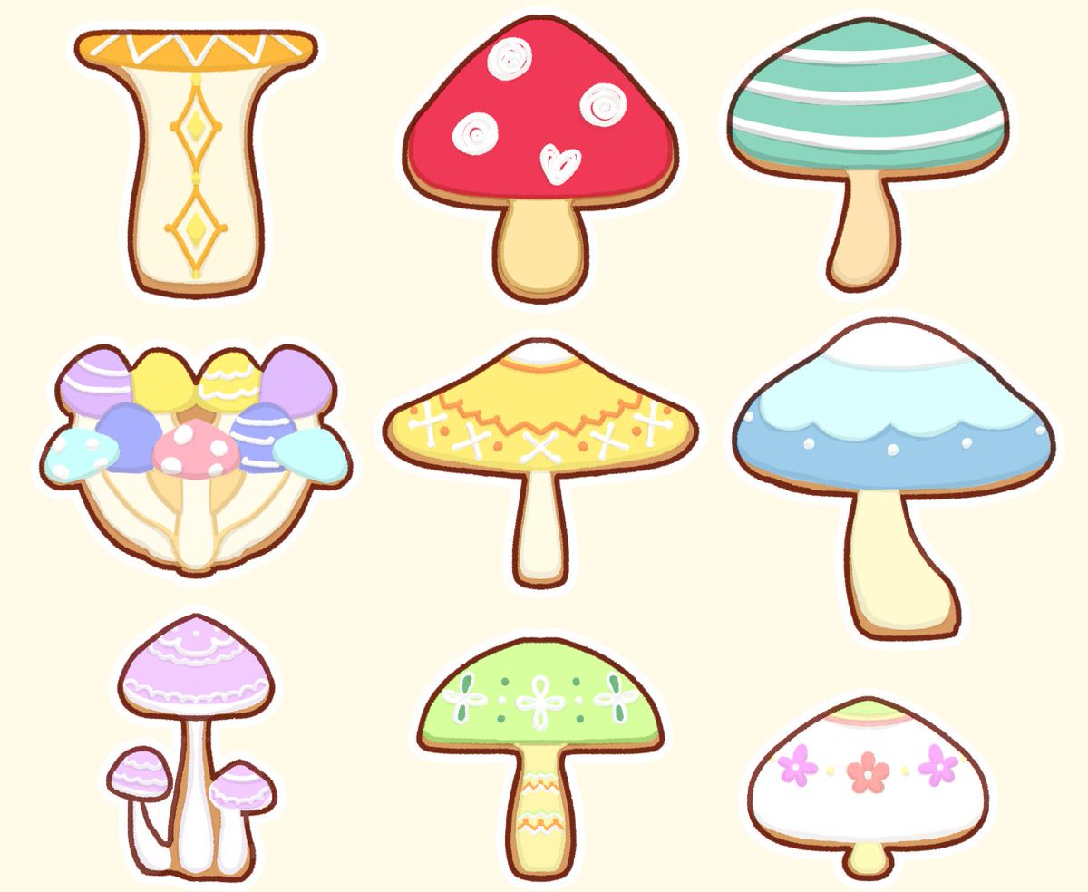 ちとせあめ アイシングクッキーの日 今年に描いたアイシングクッキーのイラスト 1枚目からきのこ 海の生き物 春イメージの クッキーです