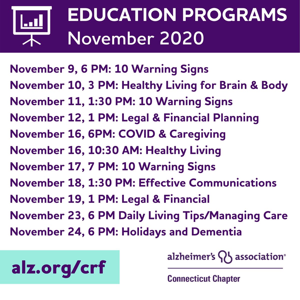 November is chock full of important Virtual Education Programs. Join us. We are here for you, during #NationalFamilyCaregiverMonth and always. 
#ENDALZ