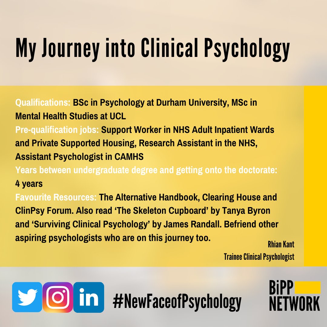BIPPNetwork's tweet photo. "Psychologically informed thinking can be empowering when applied well." 

Powerful words from Rhian who is a 1st Year Clinical Psychology Trainee at Bath University!

#NewFaceofPsychology #clinpsy #dclinpsy #BAME https://t.co/Vn79P0V9TP