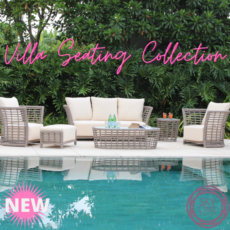 The new Villa seating collection is stylish &amp; comfortable. Add this set to your outdoor space or  sunroom indoors. Featured in the Kubu Mushroom finish and is a complete series with seating, dining &amp; daybed. #skylinedesignna  #new2021 #interiordesign #outdoordecor #NEWCOLLECTIONS