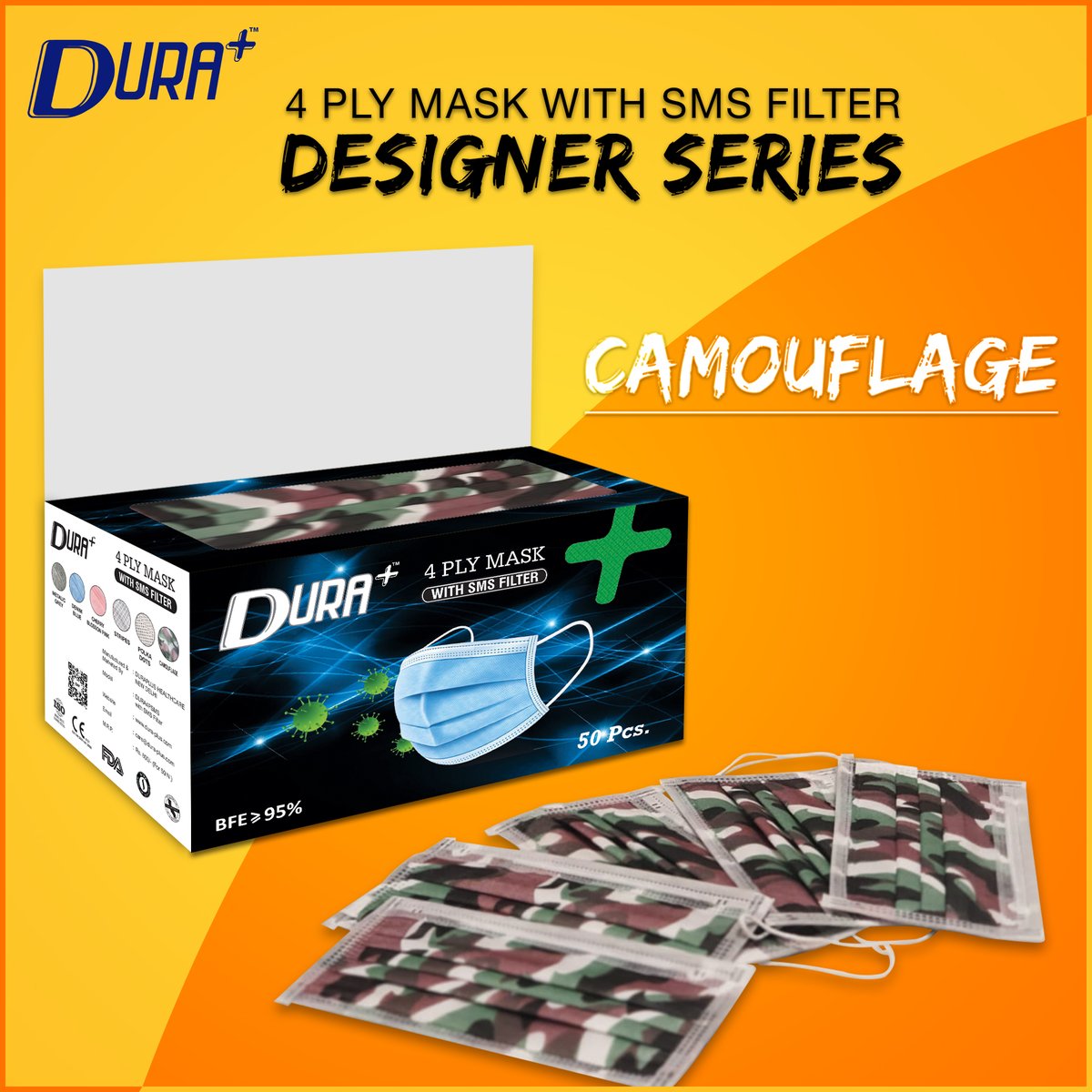 #Introducing #Duraplushealthcare #4PLY Inner Loop #FaceMask Non-Woven #SMSFilter (BFE ≥ 95%), #AdjustableNosePin #DesignerSeries, #Camouflage
Design By California #MadeInIndia 
#Call us for more queries at +91 9311350110 
#Mydura #Duraplus #innerloopmask #Surgicalmask #India