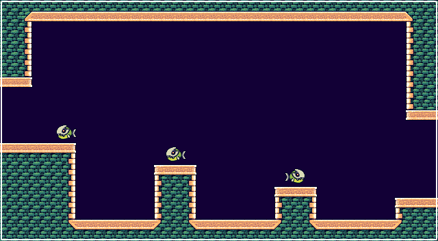 Here we've told the Level Editor to swap the building block tiles into proper art and a room appears! We've also added sprites for enemies that once imported into our game engine Unity turns into swimming fishes if they're in water or stranded fishes if they're on land. [4/11]