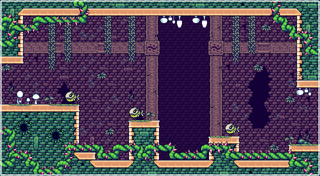 Here's the final styled version from our Level Editor. Besides the background layer, we've added more flowers and vines, small cracks, glowing mushrooms, shadowing, and just overall more detail to everything. [9/11]