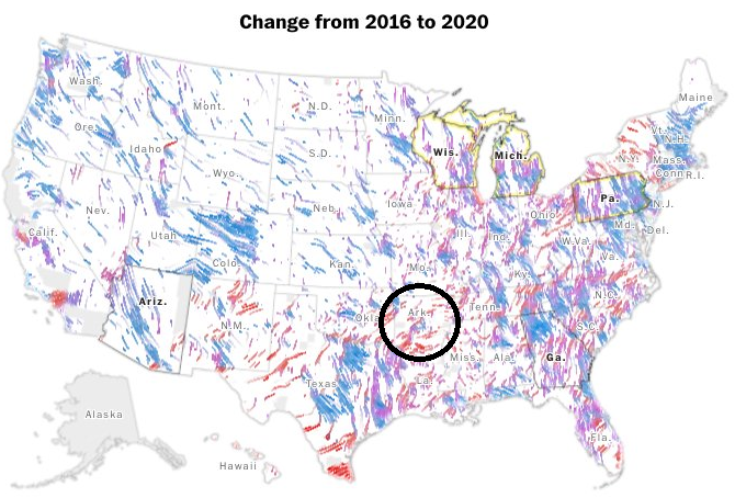  LE truc qui me surprend : le recul de Biden par rapport à Clinton en Arkansas, alors qu'il progresse dans les zones socio-démographiquement similaires. Ce qui veut dire qu'en 2016, Hillary avait encore un résidu de survote lié aux années de Bill comme Gouverneur (1979-1992).
