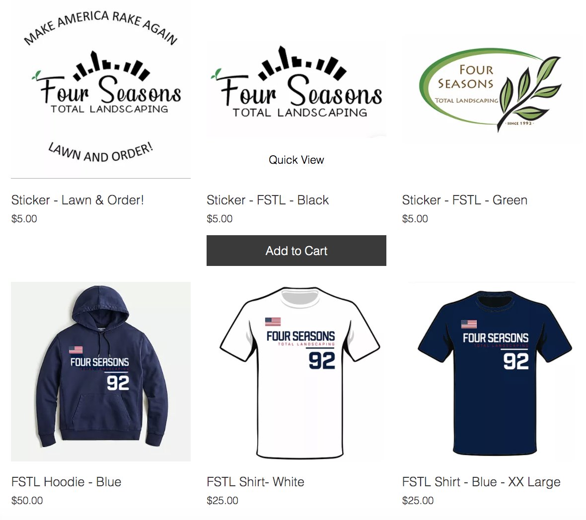 The Four Seasons Total Landscaping merch has arrived, including a sticker that says "Make America Rake Again" and "Lawn and Order!"