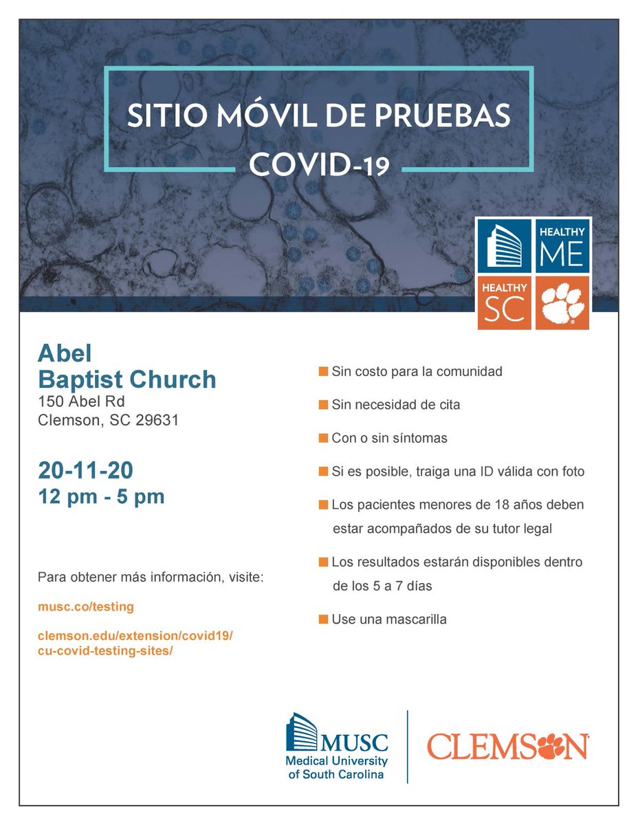 Sitio Móvil de Pruebas COVID-19, Abel Baptist Church, 150 Able Rd, Clemson, SC 29631, 11 Nov 2020, 12 pm – 5 pm. Sin costo para la comunidad.