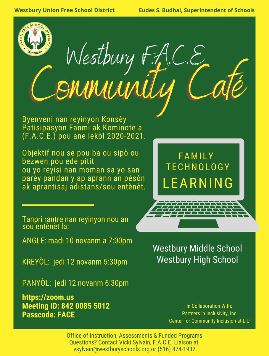 Attention Middle School and High School families in  <a href="/WestburySchools/">Westbury Schools (WE’VE MOVED)</a> Join our #familytechnologylearningseries Tues. &amp; Thurs. this week. We are sharing info on how to best support your children in this new world of #virtuallearning #face  <a href="/westbury_ms/">WestburyMS</a> <a href="/WestburyWHS/">Westbury High School</a>  #engagement