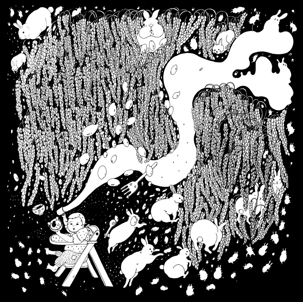 ご飯。だいぶ食べてくれるようになったかな、と思いきや床にばらまいたり、握って投げたり。離乳食わあげながら、心折れそうに何度なったことか。空中をとびちるご飯がスローモーションでみえて、とびはねるウサギに見えてくるのです。
#art #ArtistOnTwitter #子育てあるある #ポジティブ #ペン画