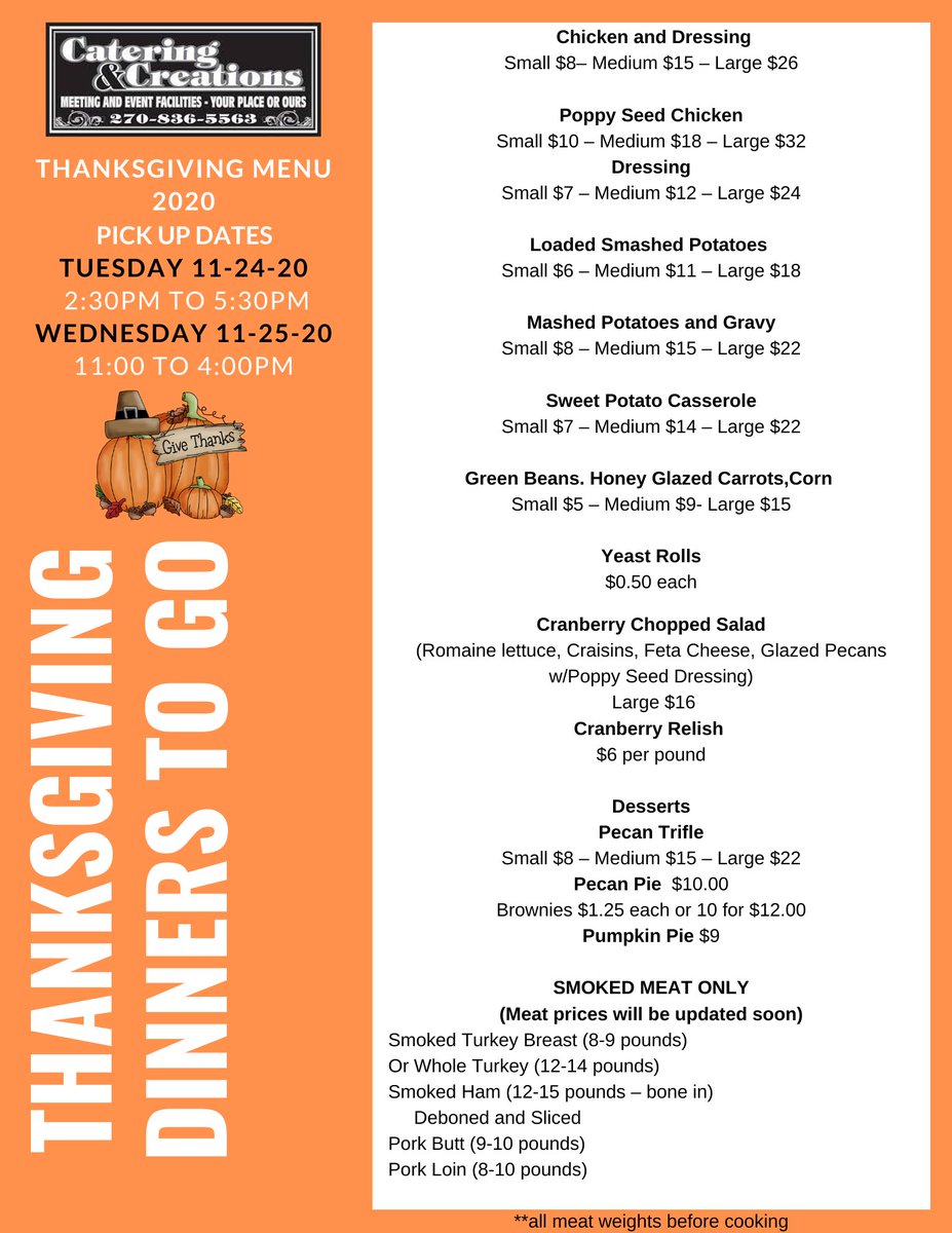 ccdinnerstogo's tweet photo. It is never too soon to start planning your Thanksgiving Meal. Great News, we are offering Thanksgiving Dinners To Go again this year. For easy online ordering go to https://t.co/dvhuQ1bVD0 . 

( Meat Prices will be updated soon) https://t.co/JXQkrr04aR