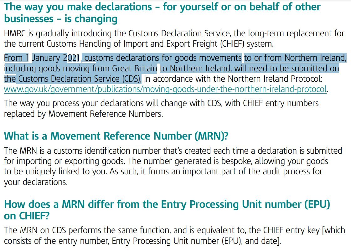 Reposting this cus I made a mistake in prev tweet, it looks as though GBNI movement of goods (NOT NIGB) will- need to go through customs system (CHIEF, now CDS)- need a movement reference number (MRN)- treated as intl goods movement https://assets.publishing.service.gov.uk/government/uploads/system/uploads/attachment_data/file/930056/8120_CDS_Movement_Reference_Number__MRN__guide_v7_accessible.pdf