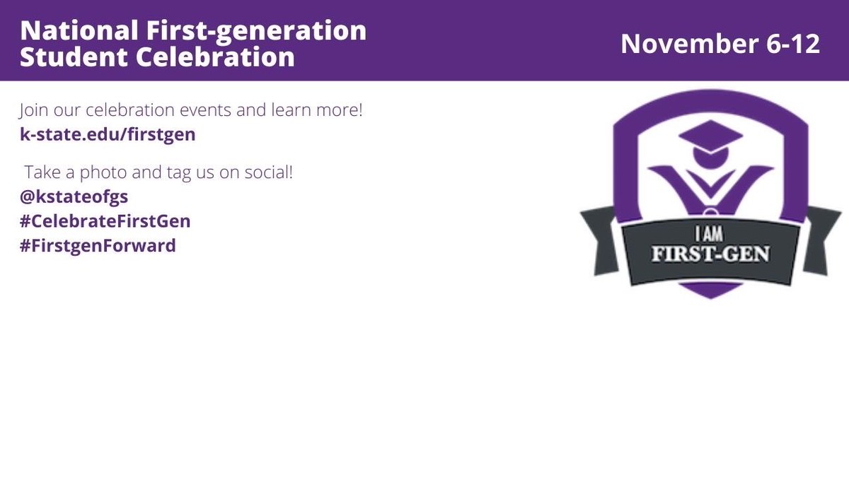 KStateTheatre's tweet photo. This week we’re celebrating first generation students! Check out this week’s schedule of celebration events! 
@KStateOFGS 
#kstate
#celebratefirstgen 
#firstgenforward https://t.co/poD3qCWAfo