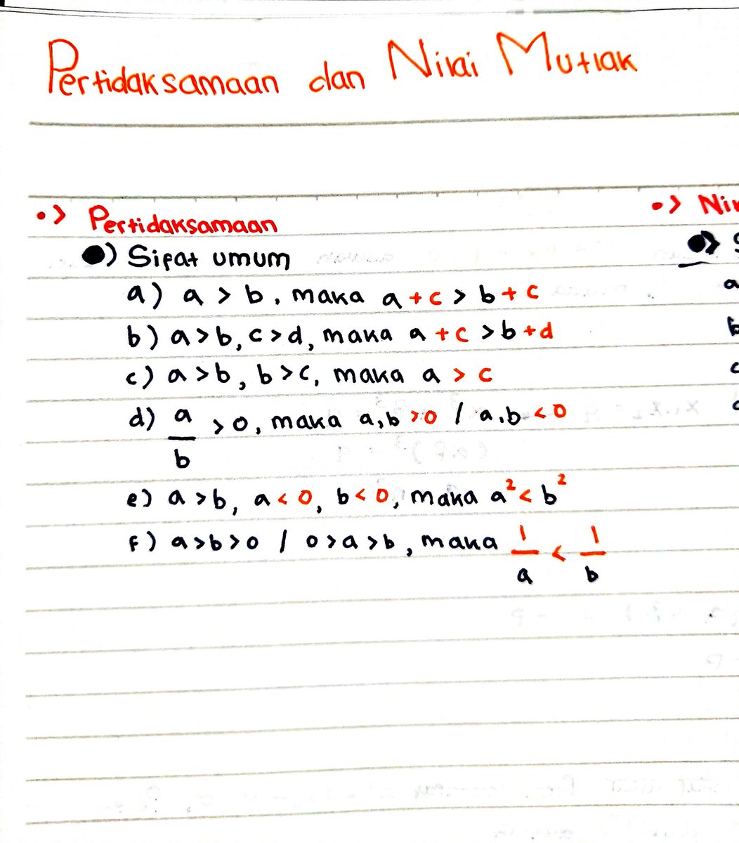 panggilajazul's tweet image. Gue mau ngerangkum dari live zen malem ini, ini ada sifat2 pertidaksamaan yang penting :

1) a &amp;gt; b, maka a + c &amp;gt; b + c
2) a &amp;gt; b, c &amp;gt; d, maka a + c &amp;gt; b + d
3) a &amp;gt; b, b &amp;gt; c, maka a &amp;gt; c 
4) a/b &amp;gt; 0, maka a,b&amp;gt;0 atau a,b&amp;lt;0
5) a &amp;gt; b, a&amp;lt;0, b&amp;lt;0, maka a^2&amp;lt;b^2
6) a&amp;gt;b&amp;gt;0, maka 1/a &amp;lt; 1/b