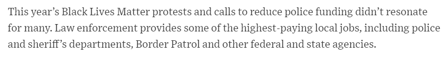 Explanation : Defund the police. Maybe...I'm right with the article that "it didn't resonate". Strange that the much more salient border wall didn't dominate.