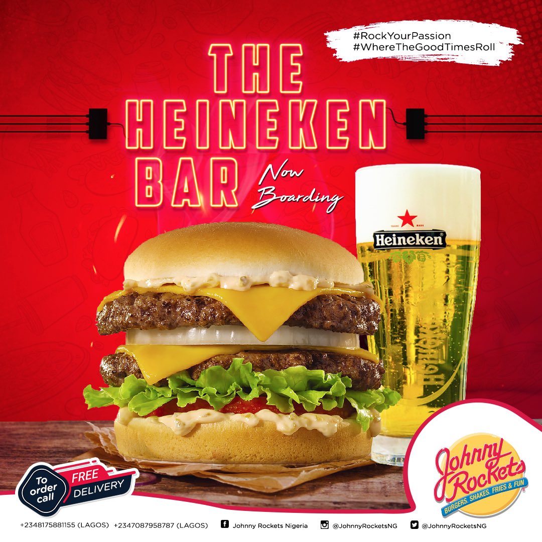 JohnnyRocketsng's tweet photo. Give yourself a mouth watering experience. 
Visit Johnny Rockets at The Heineken Bar, Murtala Mohammed International Airport, Lagos State.

#JohnnyRocketsNG #WhereTheGoodTimesRoll #CheatDayEats #BurgerTime🍔 #DigIn #SeriousEats #ComfortFoods #BurgerLover #BurgersOfInstagram https://t.co/vHXJYZ87R6
