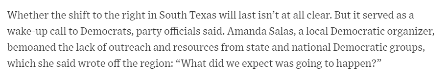 Explanation : National resources. It's not as if the Trump campaign devoted resources to southern TX. Nor the Clinton campaign when she was dominating here. No, the explanation has to be local.
