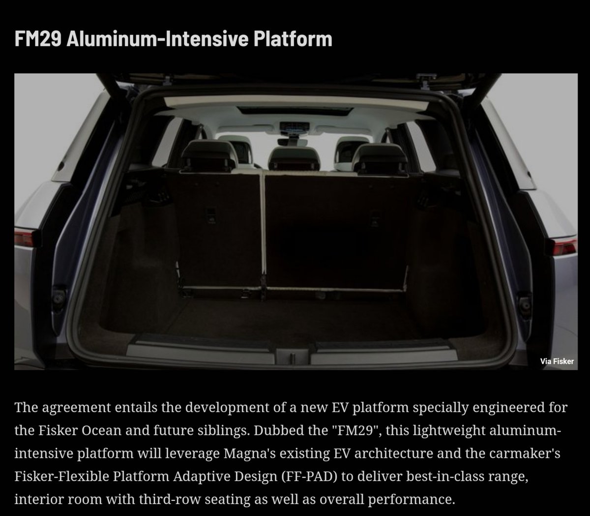 1) What is the platform and who is the other large OEM using the same platform? The platform is called "FM29" and uniquely developed by Fisker:
