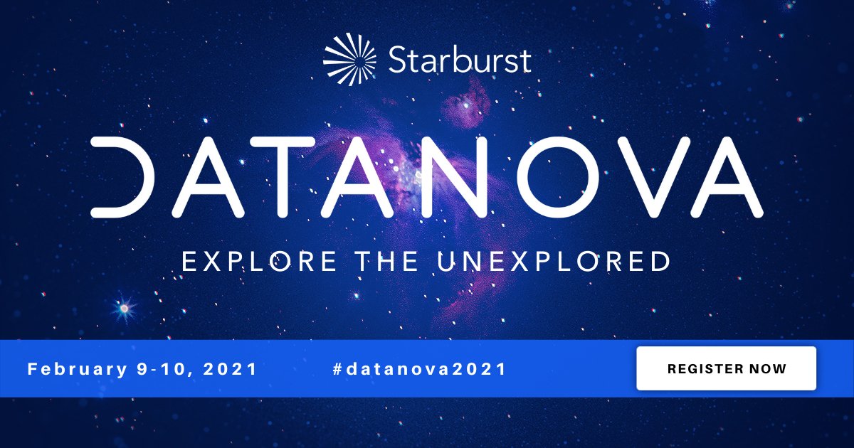 starburstdata's tweet photo. We are excited to officially announce our very first industry conference #Datanova2021, a virtual two-day experience of exclusive talks and trainings focused around helping you get the most and best out of your data. 💫

To register, visit https://t.co/S3lD27NH4T! https://t.co/n34uYoi9pO