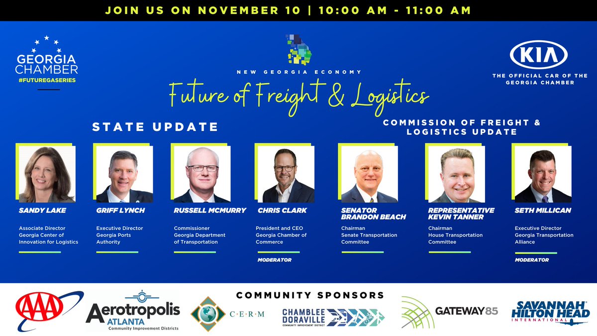 Join us tomorrow at 10:00 AM  as we host the Future of Freight &amp; Logistics. This discussion will surround the ongoing &amp; long-term funding needs that will support infrastructure growth and ultimately Georgia’s supply chains. 

Register here: gachamber.com/events/future-…