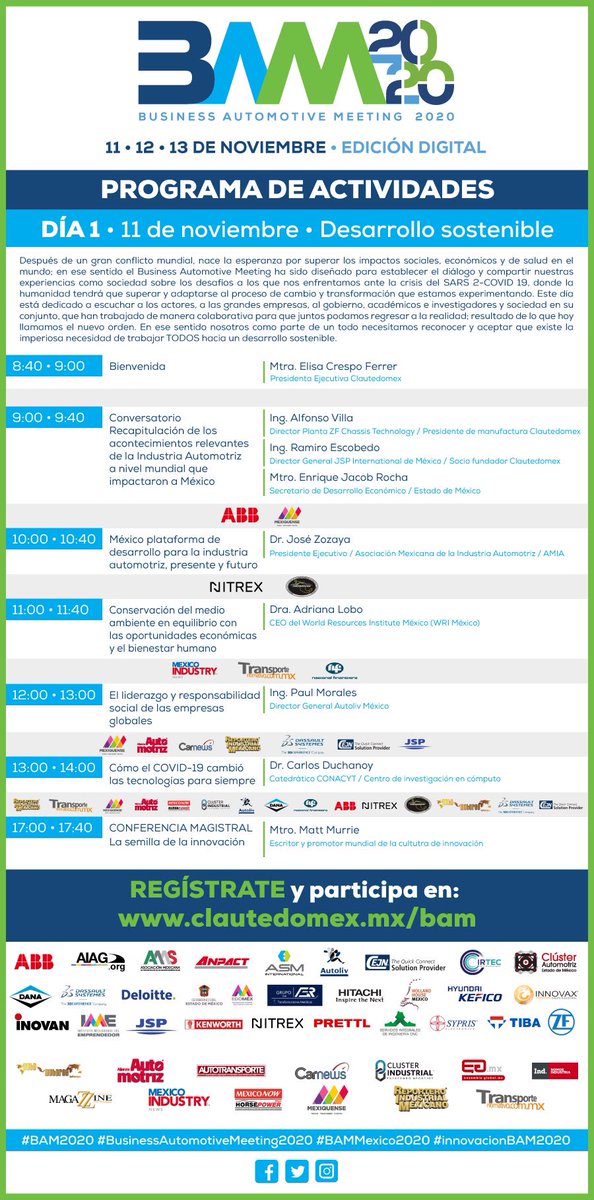 EventosCluster's tweet photo. Quieres saber dónde y cuándo? Aquí te presentamos el programa completo de conferencias #BAMMexico2020.
#registrate no te puedes perder esta oportunidad.
.
.
#industriaautomotriz #sectorautomotor #innovacion #bammexico #negociosautomotrices #edomex #business #sectorautomotriz https://t.co/v9piM8gDvE