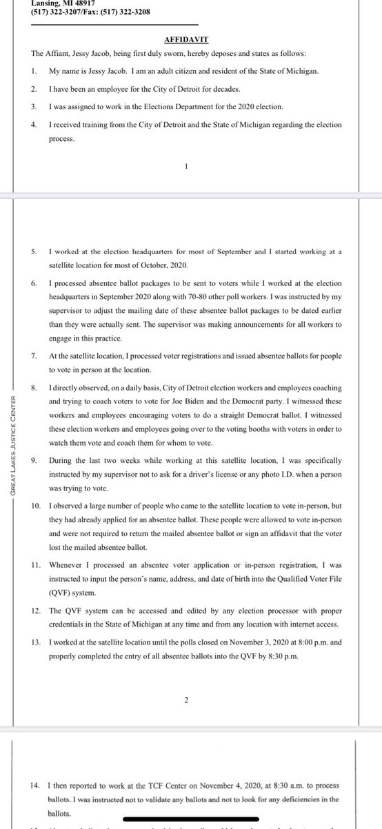 NEW: election fraud lawsuit was filed in Detroit with affidavits alleging backdating ballots, no matching signatures. It includes an affidavit from a city employee claiming she was asked to backdate ballots: