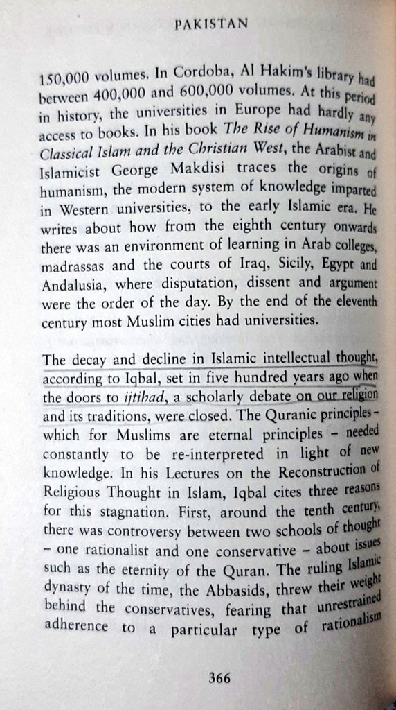 "The decay and decline in Islamic intellectual thought according to Iqbal, set in five hundred years ago when the doors to Ijtihad were closed"(5/n)