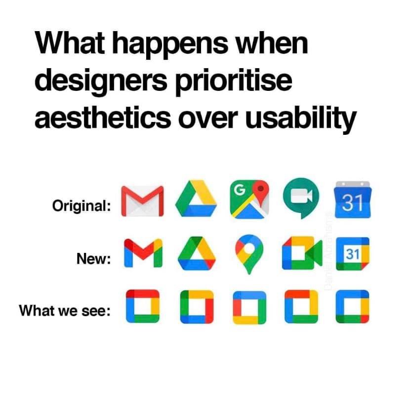 rolfvanroot's tweet photo. I don't know who created this but it resonates with me.

While from a branding standpoint I can understand the move to make all #GoogleIcons look the same, it's not helping the users to easily disthinguish them.

#UIDesign #AppIcons https://t.co/NSimlpSmtp