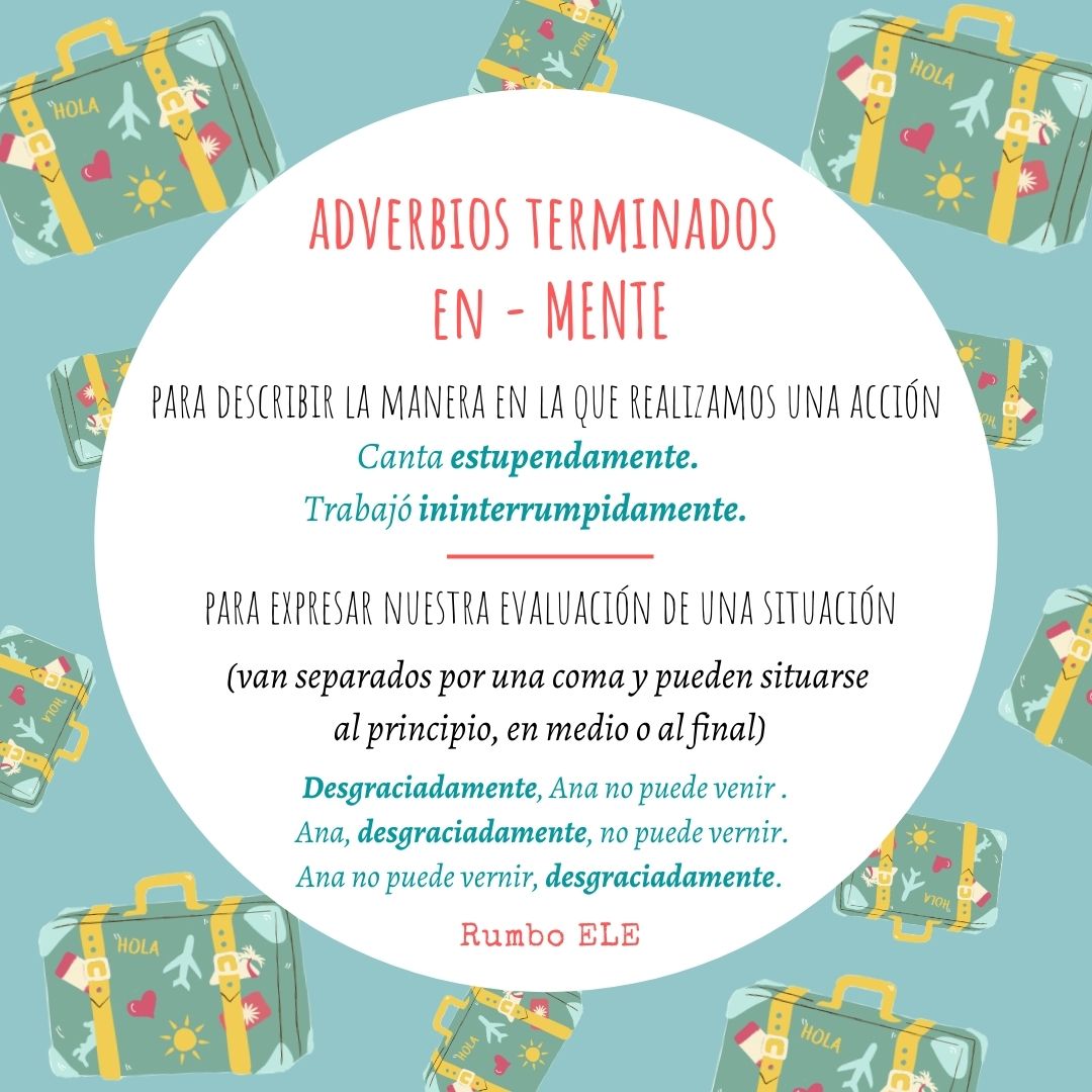 ¡Píldora gramatical! 🧐 Hoy compartimos los adverbios terminados en - mente. Para practicar puedes escribir en comentarios una frase usando uno 😚
.
#learnspanish #aprendeespañol #imparalospagnolo #spagnoloonline #spanishonline #españolonline #cursosdeespañol #corsidispagnolo