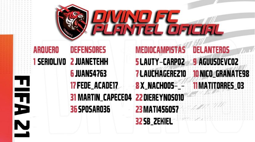 DivinoFC_'s tweet photo. Estos son los jugadores que nos van a representar oficialmente esta temporada en @IESAFIFAar  ⬛️🟥 🙌🏼

#vamosdivino #iesa 🟥⬛️ https://t.co/IcgA3WOpwb