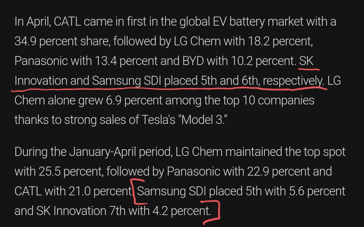 - Panasonic is partnered with Tesla and Toyota, so an unlikely risk to take. - He's been burned by China before so also unlikely to pattern with CATL or BYD. - LG Chem has already been a disaster for Jaguar and Audi - Which then really only leaves Samsung and SK Innovations