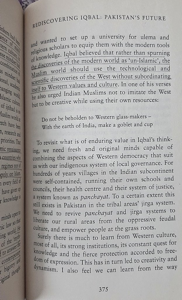 "Iqbal believed that rather than spurning the discoveries of the modern world as un-islamic, the Muslim world should use the technological and scientific discoveries of the West without subordinating itself to western values and culture"(9/n)