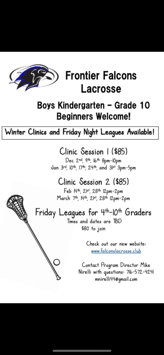 FalconLaxClub's tweet photo. Reminder - signups for our Boy’s Winter Program are underway. We have programs for athletes grades K-10. 

Come play some lax with us this off-season! 

Contact Coach Nirelli with any questions! 🥍

#GoFalcons @FalconsFrontier https://t.co/EFNiLuew3f