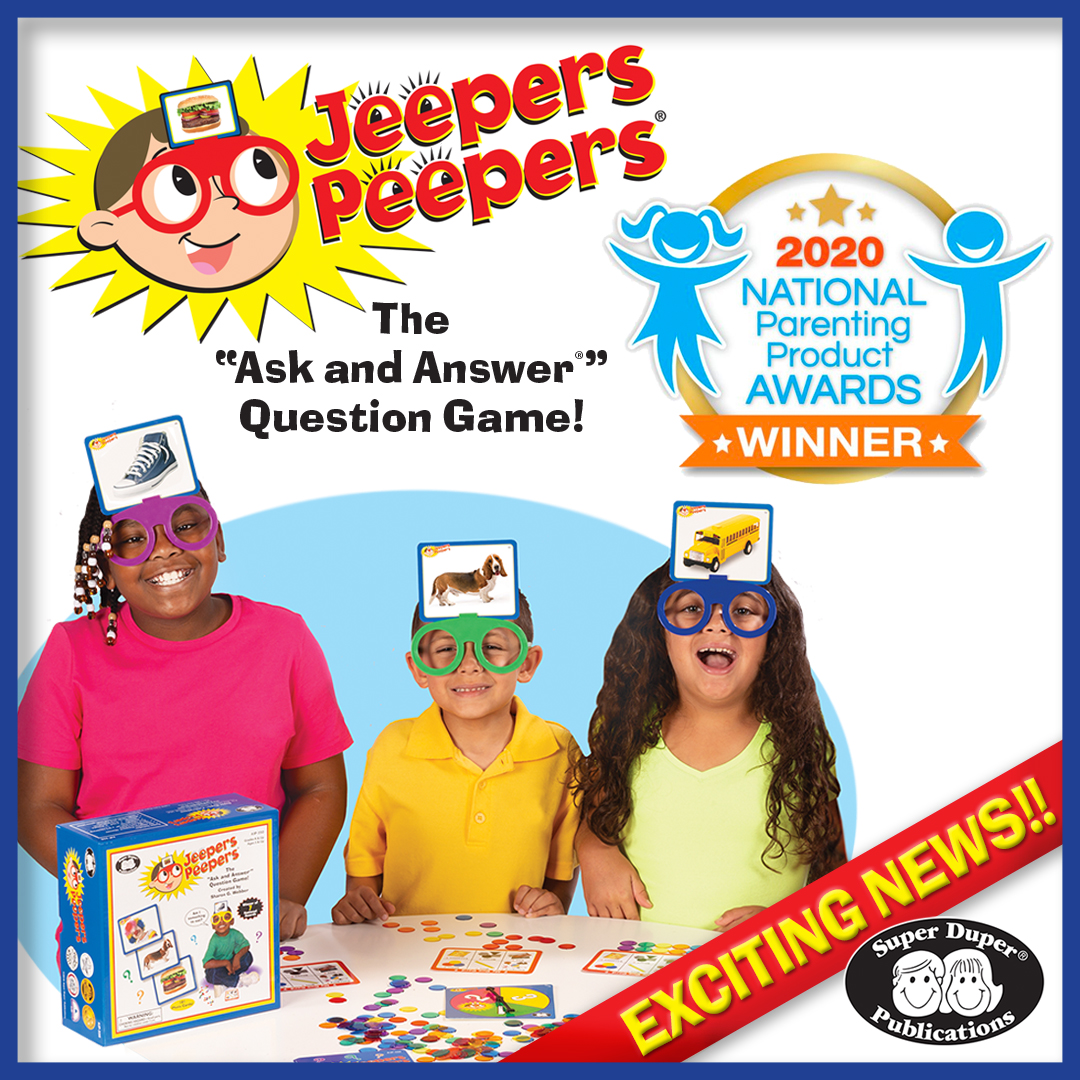 SuperDuperPub's tweet photo. Jeepers Peepers, the "Ask and Answer" question game, wins 2020 @NAPPAawards, one of the longest-running awards programs in the country! 🙏 https://t.co/LerVZVXfg8 #NAPPAAwards #NAPPAWinner #PlanLearnConnect #superduperpub #jeeperspeepers #games #education https://t.co/sxbVge3Jb1