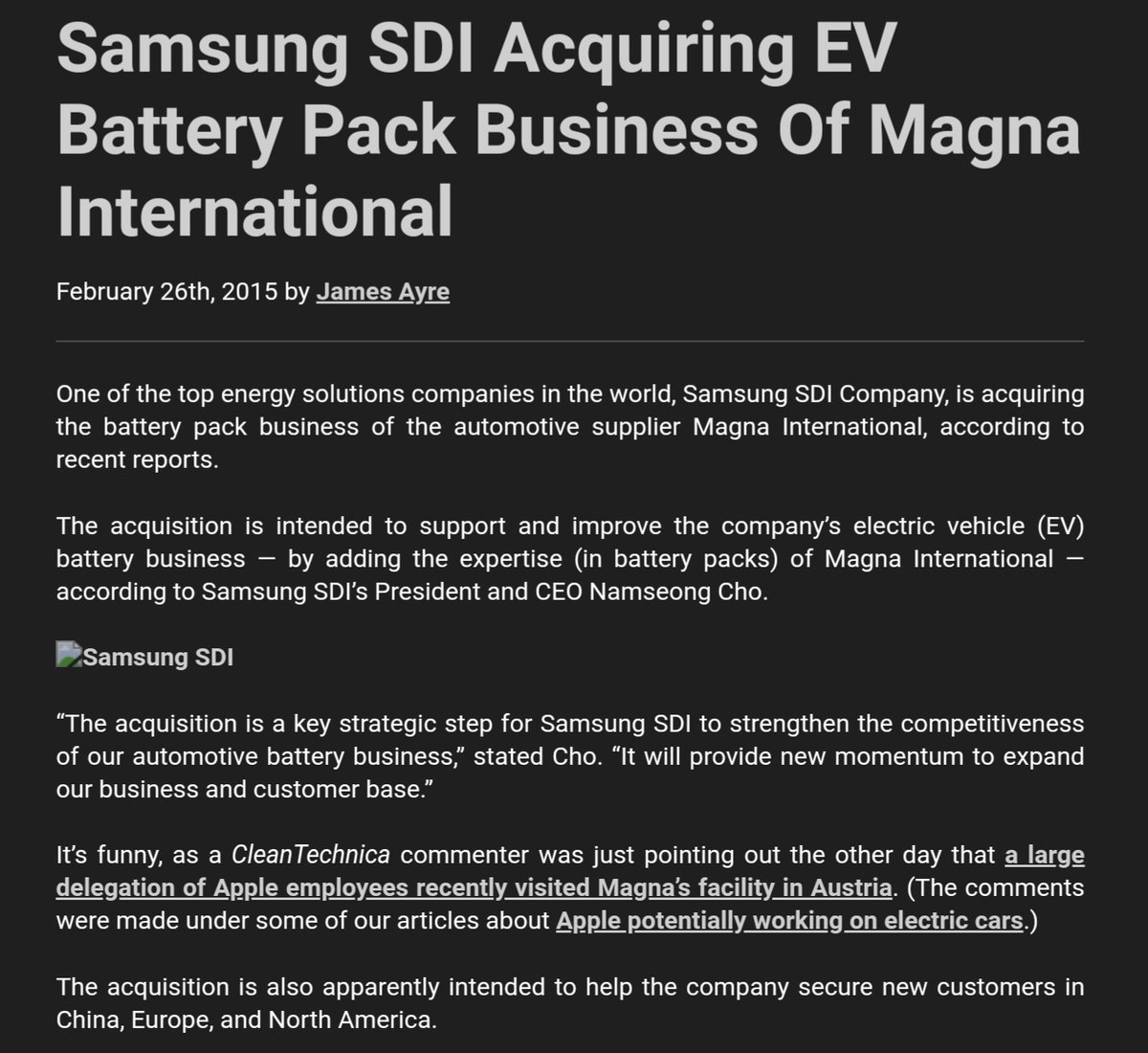 Samsung has a fairly deep relationship with Magna already, regarding EV batteries as well as consulting