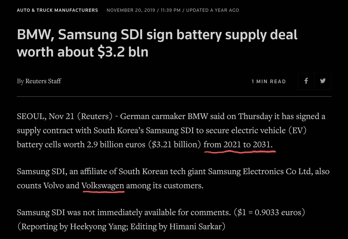 But then we find our suspected platform partner, BMW, has a massive battery contract with Samsung too! So basically, Fisker could offer his FM29 platform to BMW for their new electric SUVs in exchange for their volume pricing discount with Samsung!  $FSR