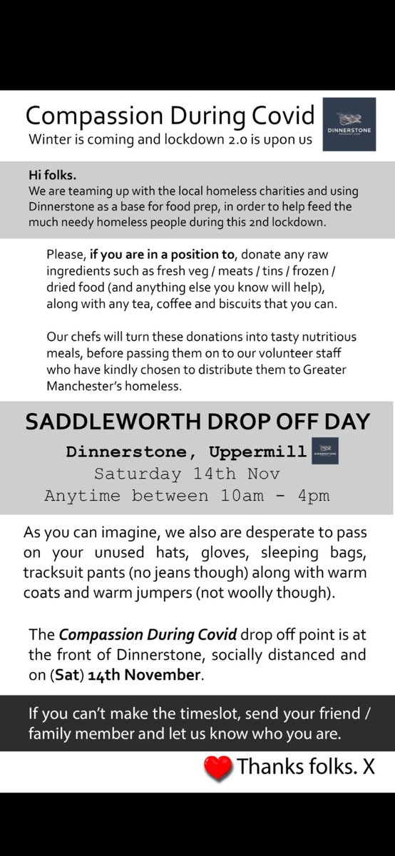 Dinnerstone_OL3's tweet photo. @AndyBurnhamGM
I am running a food and clothes drive in uppermill this saturday for the homeless. Just wondering if you could retweet it and possible encourage other restaurants around the country to do a similar thing. Even if it is just jmusing stock up the dont need https://t.co/BZ1V5xHZNt
