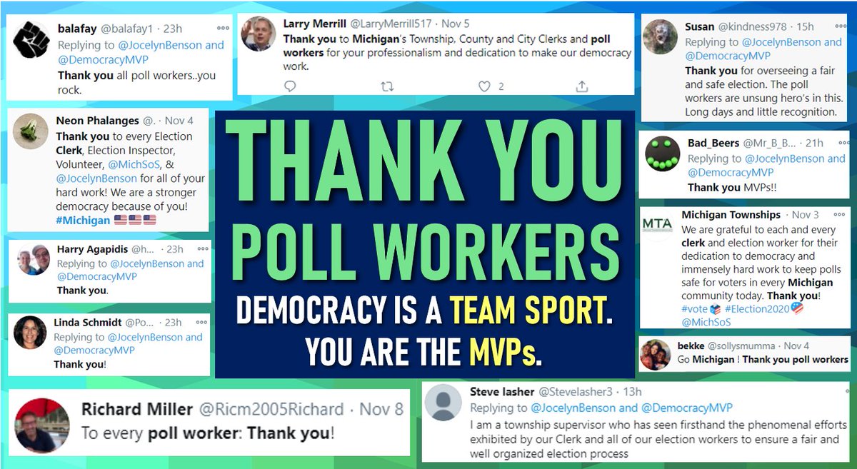 DemocracyMVP's tweet image. Take a moment today to share your appreciation for Michigan's Election Workers, Clerks and Election Officials - Democracy's MVPs and Election Heroes! 🙏🇺🇸 #ThankYou #ThankAPollWorker #Elections2020