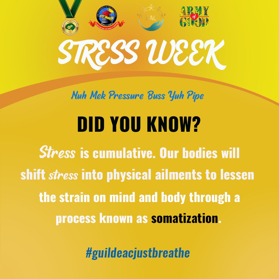 uwiguildeac's tweet photo. Weβre sharing some important facts with you so you βNuh Mek Pressure Buss Yuh Pipeβ π§‘ππ§‘π
#GuildEACStressWeek #GuildEACJustBreathe #OneArmyNuffGood #GuildEAC2020 https://t.co/weMc4Gwn89
