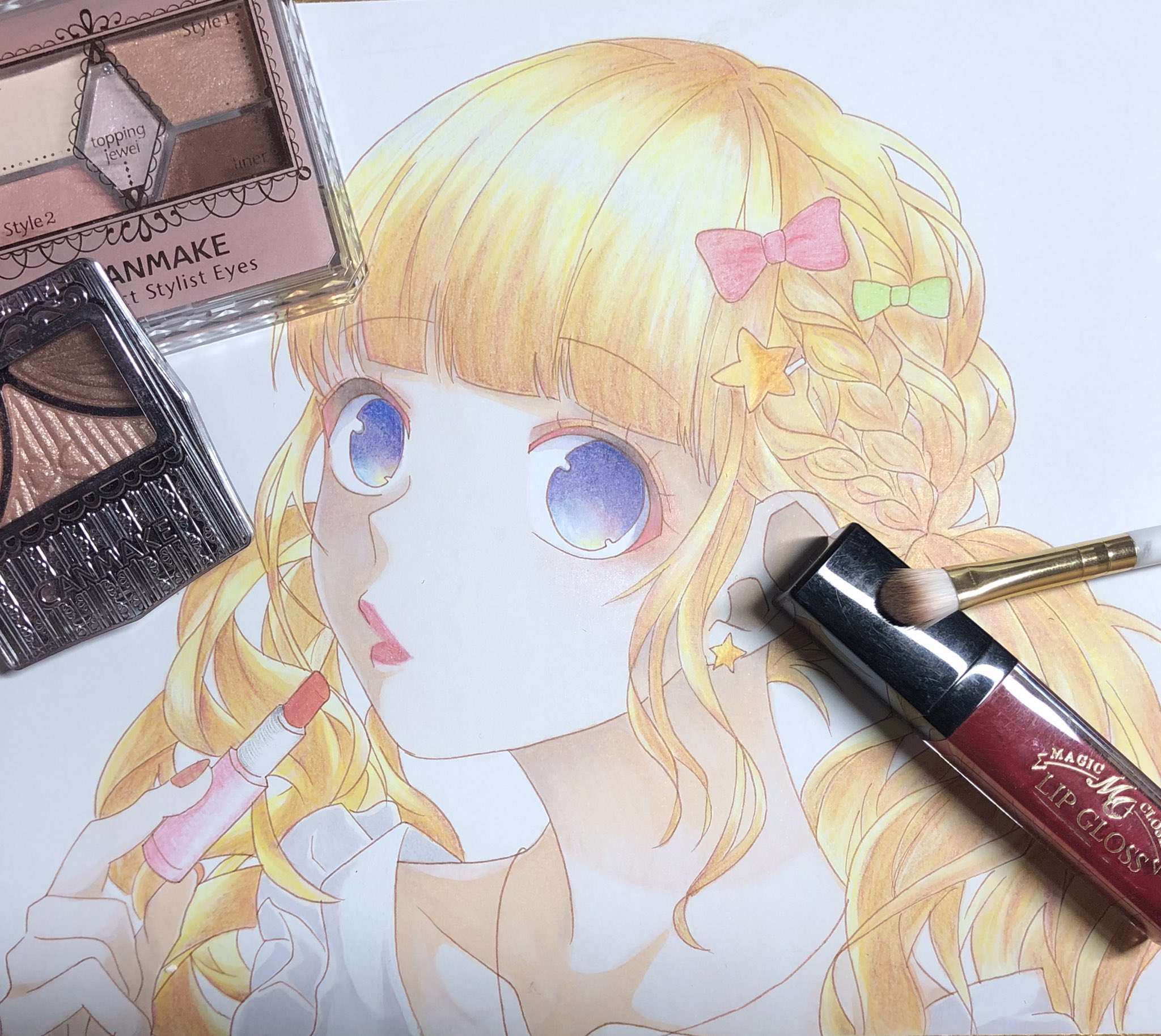 Azora Sawa 完成 完成まで時間かかったぁ W 本物のメイク用品で目元とか唇仕上げてみました ハニワ ハニーワークス 成海聖奈 可愛くなりたい イラスト イラスト好きな人と繋がりたい イラスト練習中 絵描きさんと繋がりたい メイク