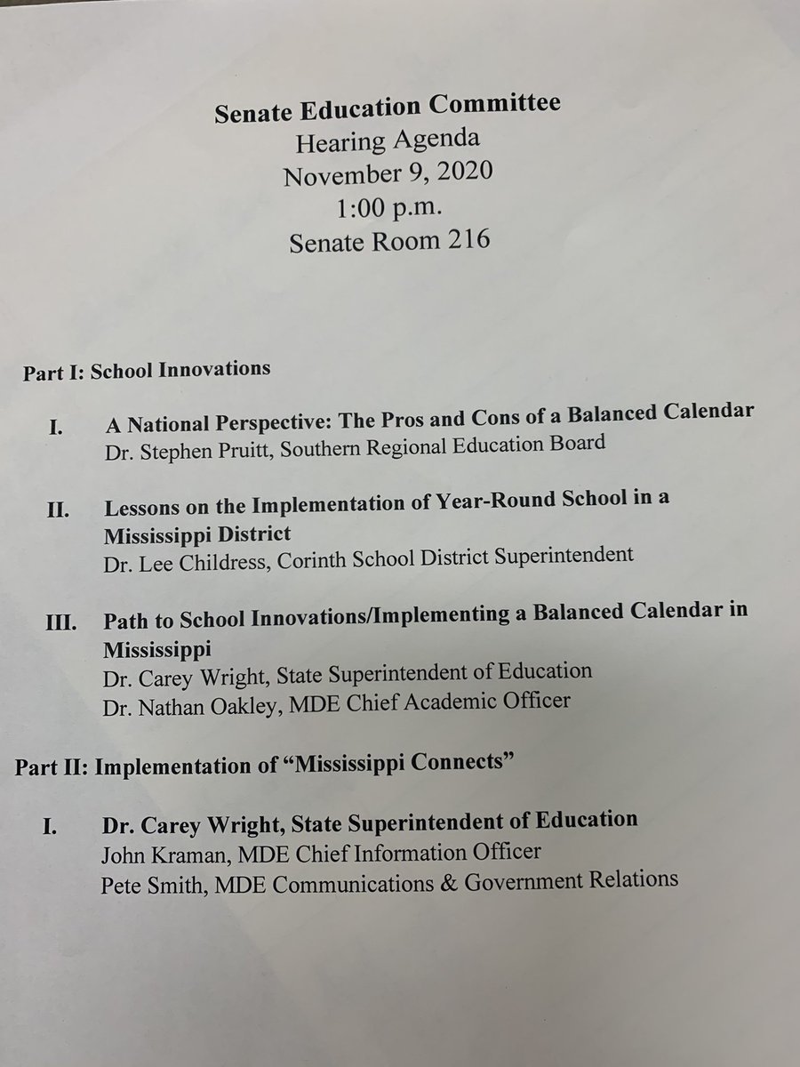 Agenda for today’s 1:00 Senate Education Committee hearing on a balanced calendar (aka, year-round school).  @MissDeptEd will also provide an update on implementation of Mississippi Connects.