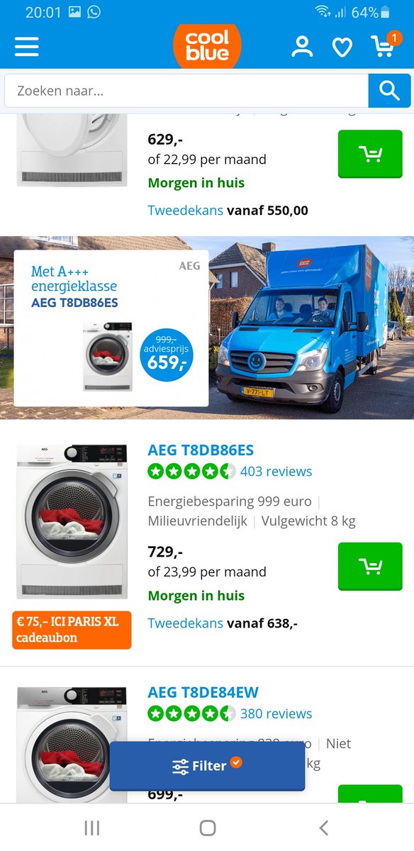 Carmenjuliaa's tweet photo. @Coolblue_NL Hoi Coolblue! Ik wil graag een wasdroger (AEG T8DB86ES) bij jullie bestellen, maar er staan twee verschillende prijzen op jullie website. Nu heb ik natuurlijk liever die van de advertentie;) Alleen krijg ik helaas een andere prijs als ik erop klik. Klopt dit? https://t.co/VwZQAGsTW9