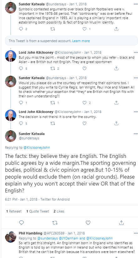 My favourite bit was Kilclooney telling me it can not be up to Cyrille Regis or Ian Wright to decide they are English - "it is up to the country". (Of course, the country thinks they are English, but Kilclooney isn't prepared to accept that)