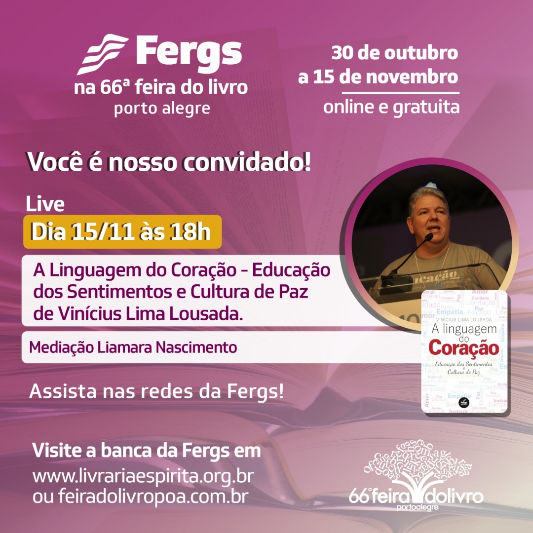 FergsOficial's tweet photo. No próximo domingo, 15, às 18 horas, teremos a Live de lançamento do livro A Linguagem do Coração – Educação dos Sentimentos e Cultura de Paz, de Vinícius Lima Lousada. Ao vivo nas redes da Fergs!
#fergs #fergslivraria #fergseditora #livroespirita #66feiradolivropoa https://t.co/C2jITrZ9kB