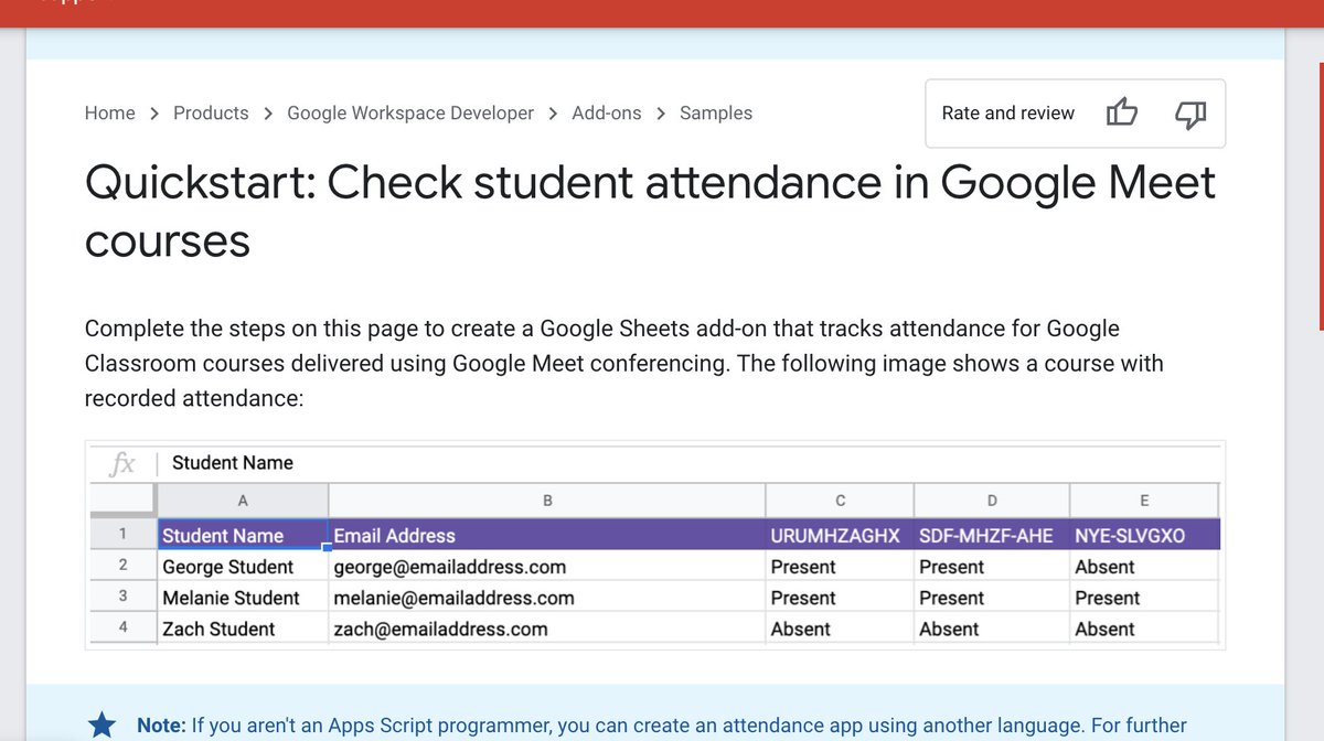 alicekeeler's tweet photo. What!!! You can code your own attendance spreadsheet for Google Meet?  I might be down the rabbit hole the rest of the day. #googleEDU 
https://t.co/bGCMnOcCza https://t.co/6pOcURcJSZ