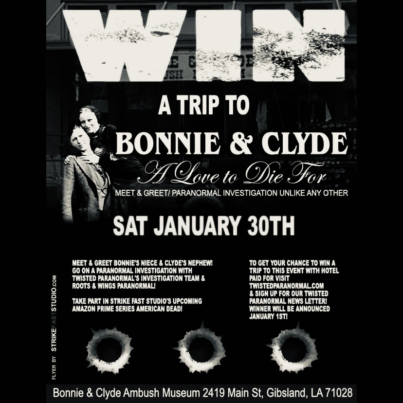 pandsparanormal's tweet photo. Want to win a chance to investigate with us and Twisted Paranormal? And meet family members of Bonnie &amp; Clyde? Sign up for email newsletters on https://t.co/Z3J27RvSpG #PandSParanormal #TwistedParanormal #ParanormalInvestigating #Paranormal #BonnieAndClyde #Bonnie #Clyde #Winning https://t.co/Ak4eWC1fcy