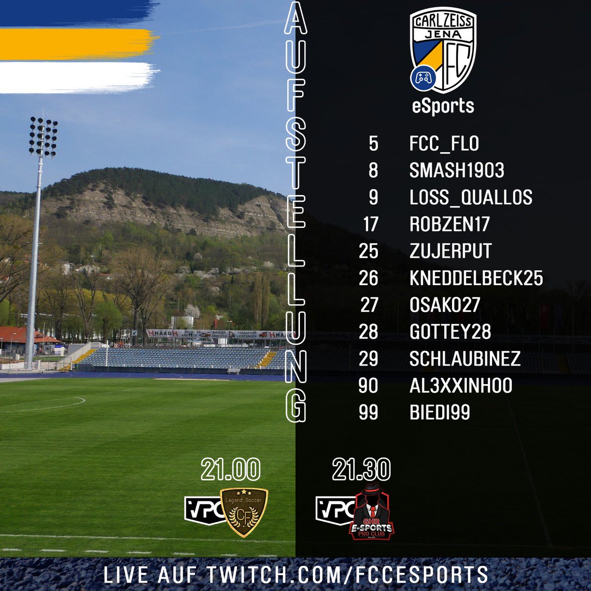 fccesports's tweet photo. Die Aufstellung ist da!

Heute startet unser Pro Club Team in die erste offizielle Liga 2020/21.

21.00 Uhr vs. Legend Soccer C.F.
21.30 Uhr vs. GHR Esports

Alles natürlich live für Euch auf Twitch!
https://t.co/k2Im1wY49z

#fccesports #fcc #mehralsfussball https://t.co/ZtxUmWLLyq