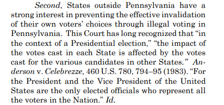 "States outside Pennsylvania have a strong interest in preventing the effective invalidation of their own voters' choices through illegal voting in Pennsylvania," they say.